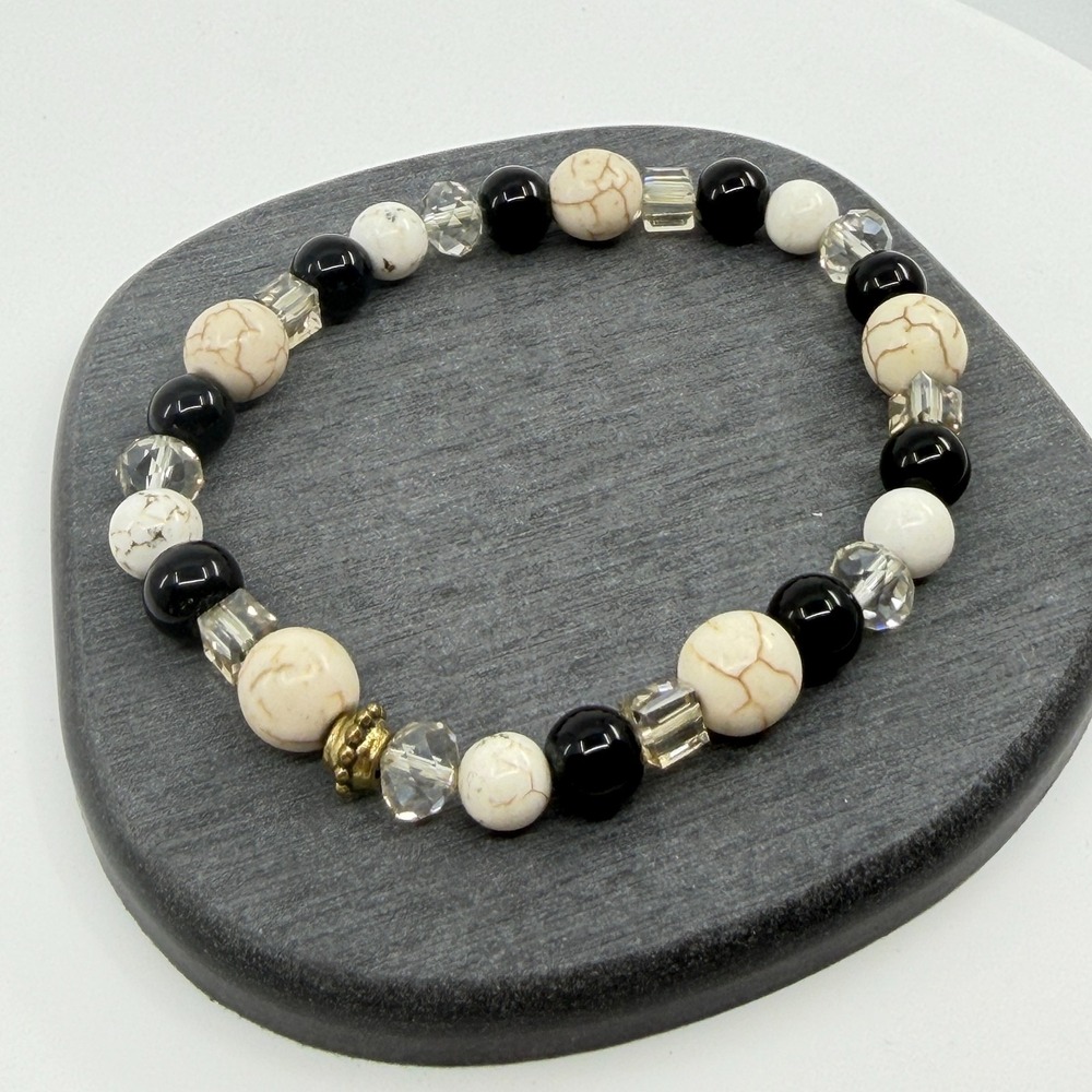 Black Ivory Marbled Bead Stretch Bracelet Clear Faceted Crystal Statement Gift